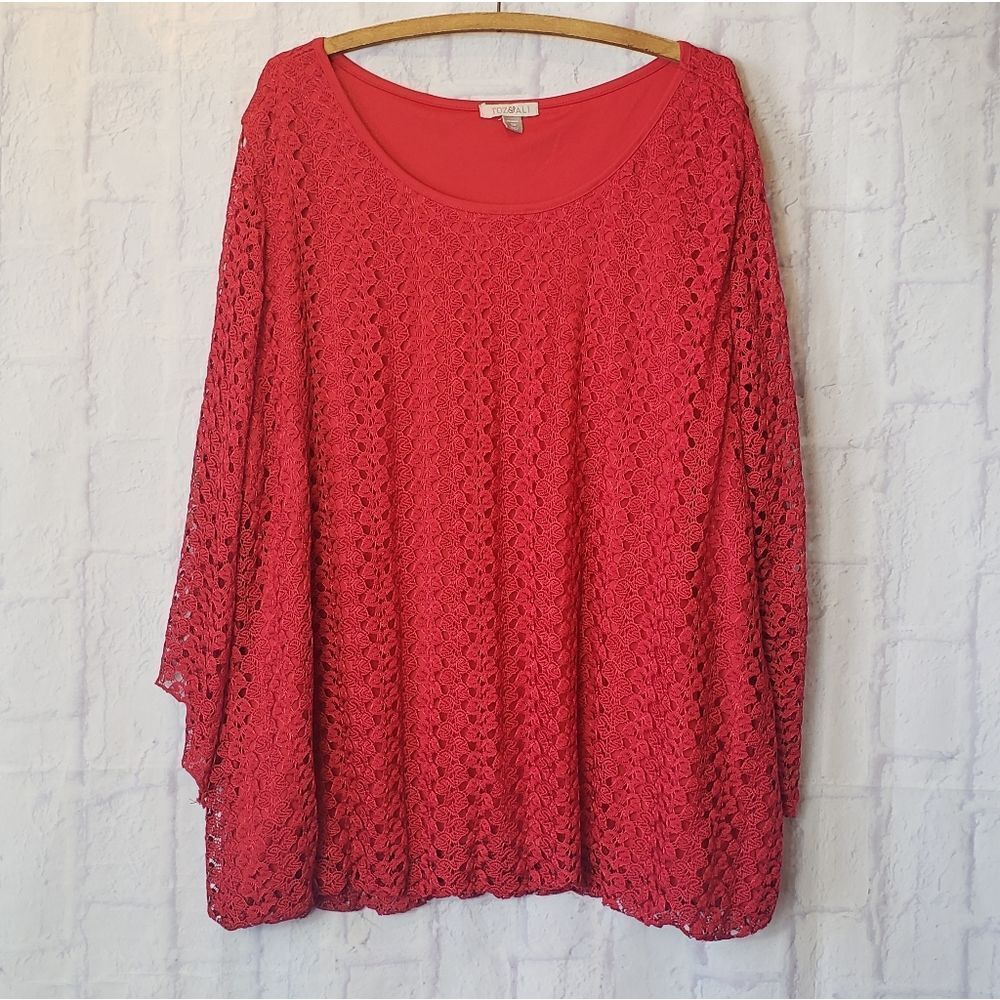 ROZ & ALI Flowy Scoopneck Red Lace Top 3X